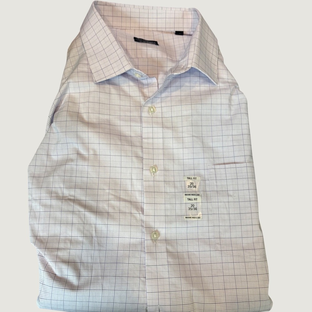 Van Heusen Mens Tall Fit Dress Shirt 20 35/36 Purple Plaid Wrinkle Free Stretch